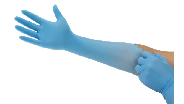 Microflex 93-243 nitrilhandske med ekstra lang manchet 395 mm  yder fremragende beskyttelse af underarm, struktureret fingerspidser