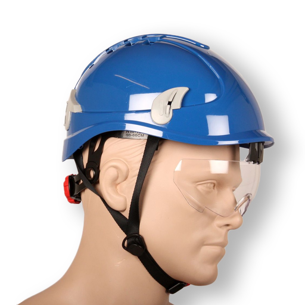 Blå Pro Cap riggerhjelm / sikkerhedshjelm med hjelmbrille, hagerem og håndhjul  6 punkt hovedbånd    146611