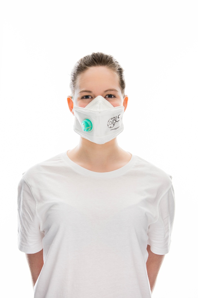 Sikkerhedsmaske beskytter mod vira og bakterier luftbårne stoffer BLS 860, type FFP3 R D. Flickit fladfoldet innovativ for hurtig åbning. Masken kan genanvendes 860