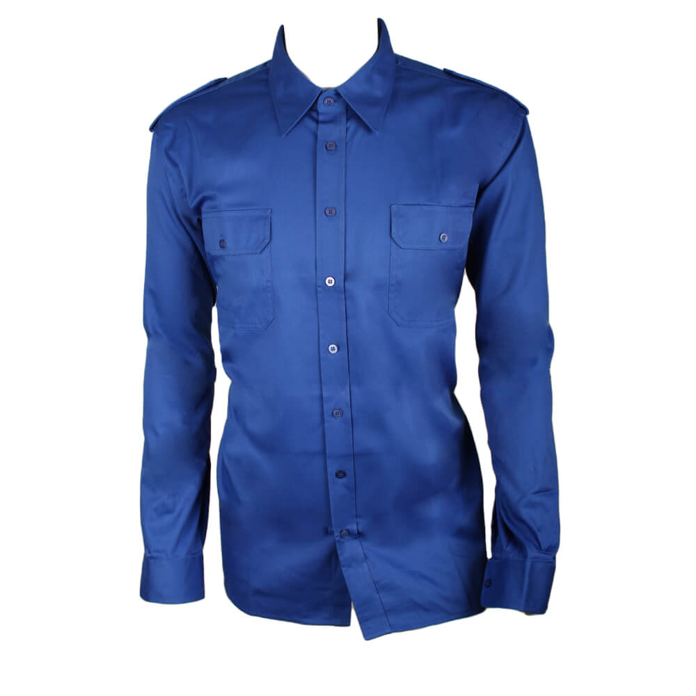 D-S Job-Tex Classic koboltblå arbejdsskjorte, polyester/bomuld, med 2 brystlommer samt skulderstropper