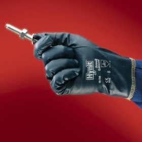 Blue fitting glove with nitrile coating on an interlock knit, Ansell Hynit&amp;reg; 32-105, 215-235 mm