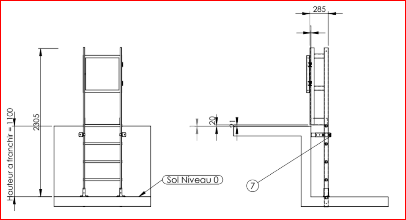 Stige med platform (landing step) og låge (gate) 1 meter høj