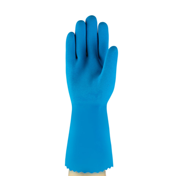 Ansell Marigold Astroflex 87-029 Blå kemikalie handske længde 30 cm, AQL 1.5, tykkelse 0,65mm, granuleret overflade for bedre greb, samt foret for bedre komfort AlphaTec 87-029