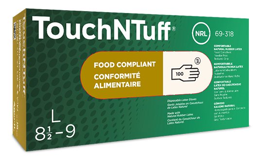 Ansell TouchNTuff 69-318, Pudderfri engangshandsker i naturgummi, latex længde 240 mm tykkelse 0,12mm AQL 1,5