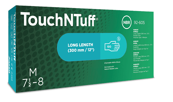 Ansell TouchNTuff 92-605 Lang pudderfri glat engangshandsker i nitril, ingen proteiner er testet overfor type 1- allergier Længde 300 mm tykkelse 0,12 mm AQL 1,5