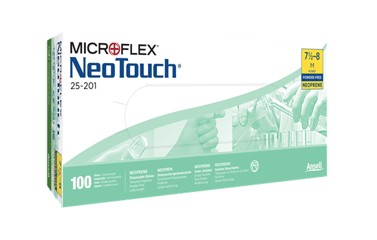 Microflex NeoTouch 25-201 Lang upudret engangshandsker i neopren, indvendig belægning i polyurethan, længde 290 mm tykkelse 0,13 mm AQL 1,5