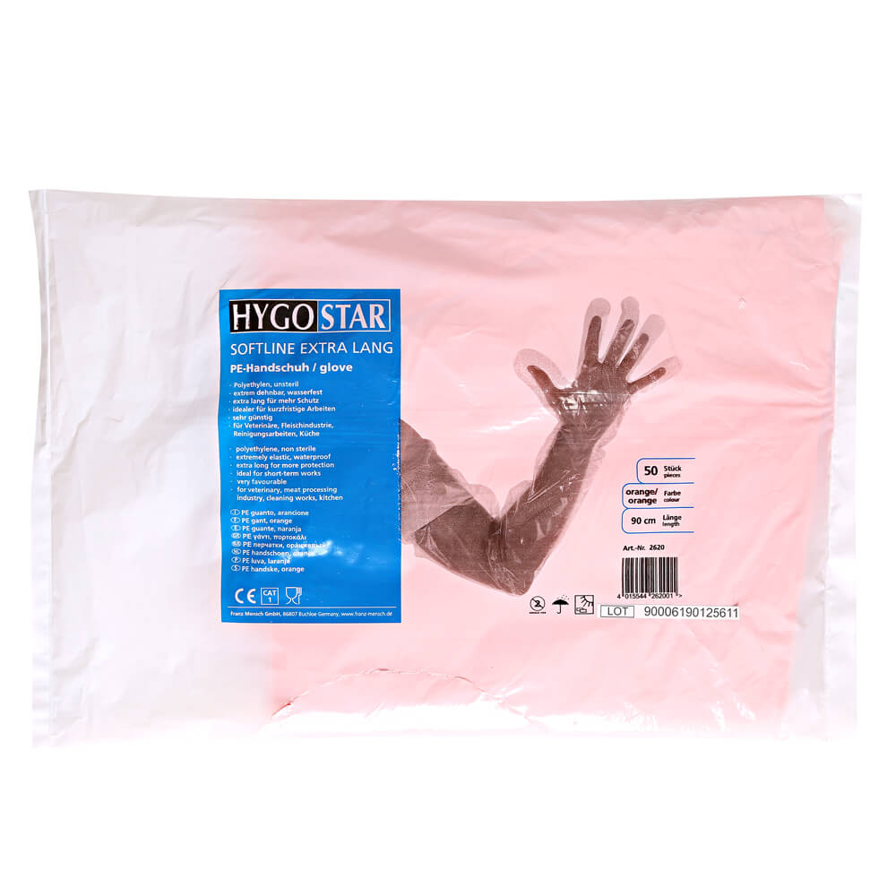 LDPE handske 90 cm lang fra Hygostar - orange veterinær handske, onesize