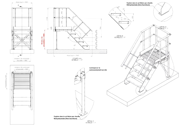 Arbejdsplatform med trappeadgang til 100cm højde, fastmonteres