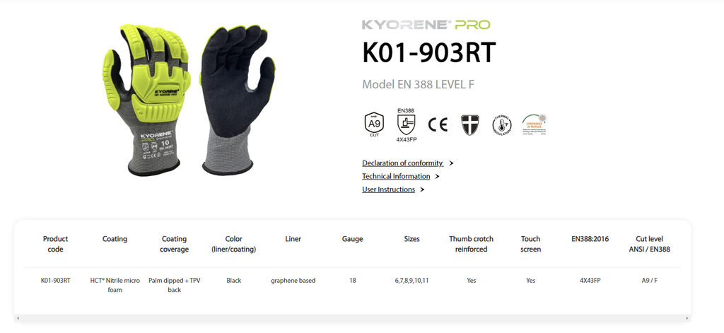 Kyorene Pro K01-903RT - Slagfast handske med høj skærefasthed, egnet til Offshore