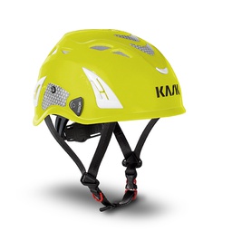 Kask SUPERPLASMA AQ hjelm,  gul Hi-viz fluorescerende sikkerhedshjelm med 4 punkt hagerem størelse 51 til 63 cm med klæbende reflekterende klistermærke samt lampeclips