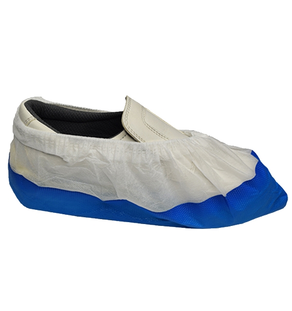 Kraftig engangs skoovertræk, hvid med blå CPE sål, ikke vævet stof, 40 cm, Onesize skridemønster i sålfladen