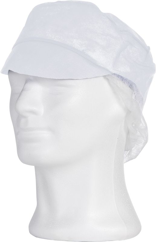 Kasket / cap med hårnet og blød skygge, fødevaregodkendt, hvid, i strækbart materiale PP Peak snood cap