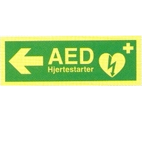 Hjertestarter/AED, med pil, venstre - efterlysende, selvklæbende folie 105 x 297 mm