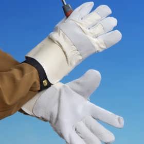 Kraftig okse spalthandske hvidt canvas stof overhånd, kort manchet, kno og negleforstærkning  13-05 Billige handsker REST SALG SÅ LÆNGE LAGER HAVES
