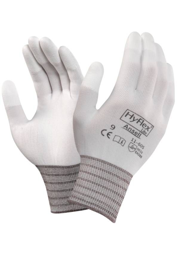 Ansell HyFlex 11-605 Hvid monterings handske, PU på fingerspidser, polyamidfor, som giver en fin fingerføling længde 160-255 mm