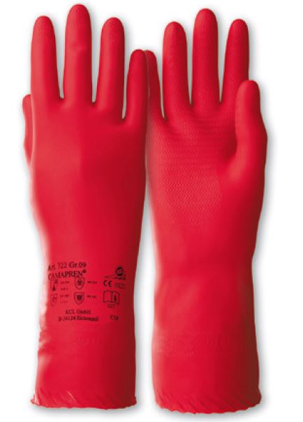 KCL Camapren 722 Rød bredspektret kemikaliehandske i Chloropren, med et godt greb om glatte emner, længde 290 til 300 mm tykkelse 0,6 mm AQL 0,65