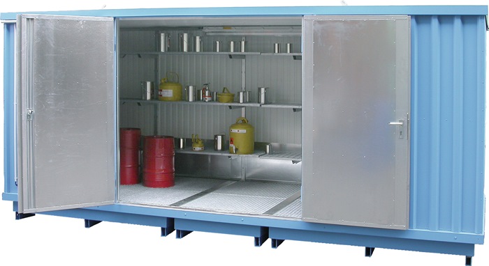 Miljøcontainer, isoleret til passiv opbevaring galvaniseret opsamlingsvolumen 1300, miljøopbevaring, foldedøre til frostfri opbevaring af temperaturfølsomme farlige stoffer i GHS kategori 1 - 4