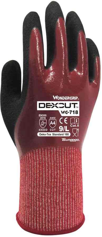 Heldyppet skærefast smidig og fleksibel Nitril NBR handske. HPPE olie resistent. God åndbarhed samt kølig bærekomfort, cut level 5, længde 265 mm Wondergrip WG-718 Dexcut