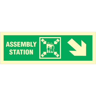 Assembly station arrow down to corner - Photoluminescent Self Adhesive Vinyl - 100 x 300 mm
