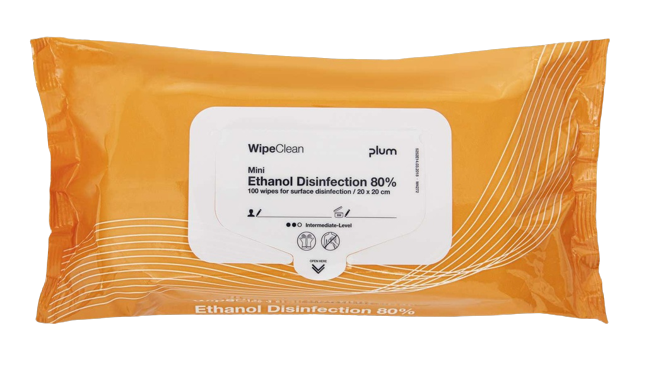 Plum 5252 WipeClean Ethanol Disinfection 80% mini, 20x20 cm, pakke 100 stk.