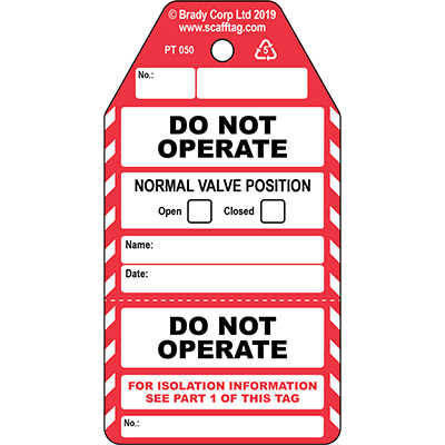 Do Not Operate - 2 part Valve tag