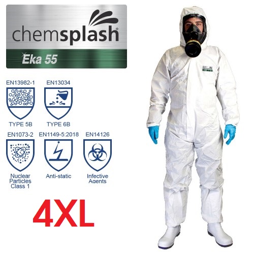 CHEMSPLASH EKA 55 COVERALL, størrelse 4XL, Hvid beskyttelsesdragt, Microporous Eco - TYPE 5B/6B, antistatisk, latex og silikone fri