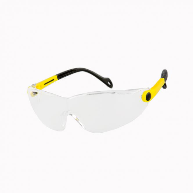Hornet sikkerhedsbrille med klar linse og indstillelige brillestænger (både længde og vinkel), optisk klasse 1. Polycarbonat