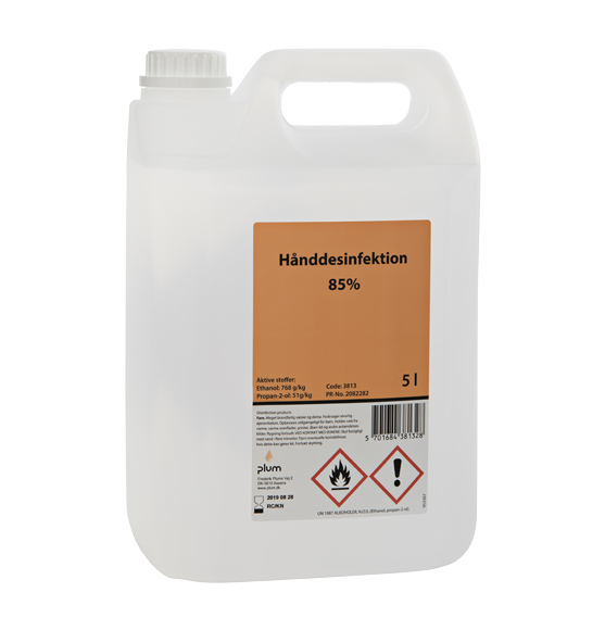 Hånddesinfektion 85% Denatureret ethanol + 6% IPA flydende, 5 liter dunk Plum 3813