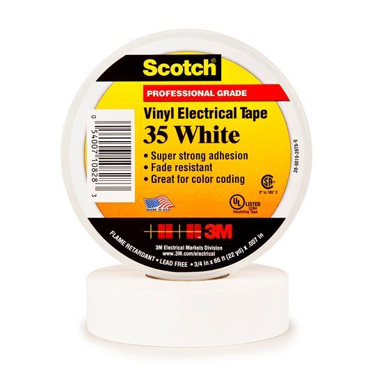 Scotch Super 35 hvid farvebestandig mærke- og isolationstape, 19 mm x 20 m, 0.18mm tyk
