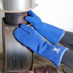 Varmefast 3-fingret spalthandske i Blue Skinnex Heat , kevlartråd, inderfor i Varmex filt længde 38 cm