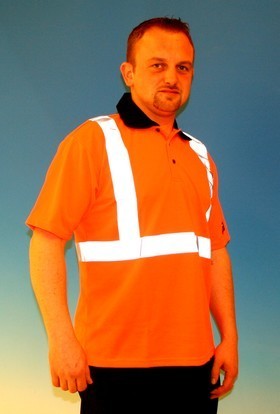 Polo-shirt, Fluorescereende Hi-Viz orange blå krave knapper i hals med refleks EN 471 klasse 2. 100% polyester