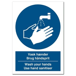 Dansk-engelsk Vask hænder Brug håndsprit / Wash your hands - Use hand sanitiser påbudsskilt, 297 x 210 mm