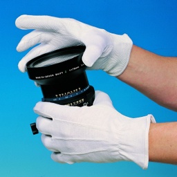 Strålesyet interlock, hvid bomulds handske, gribedupper og elastik i overhånd, længde 22 cm. 13-32