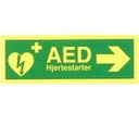 Hjertestarter / AED, med pil, højre - efterlysende, plast 105 X 297 mm