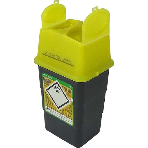 [31-Q2049] Gul kanyleboks, Sharps affaldskasse 1 liter, forsynet med advarselsmærkat