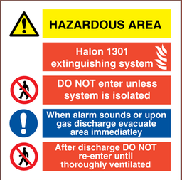Hazardous area. Halon 131 extinguishing system. Kombi-skilt, 300 x 300 mm