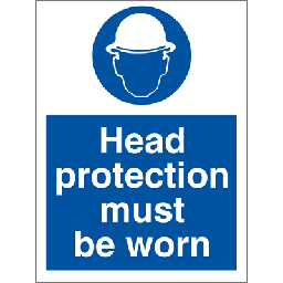 Head protection must be worn, påbudsskilt, 200 x 150 mm