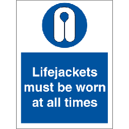 Lifejackets must be worn, med tekst 200 x 150 mm